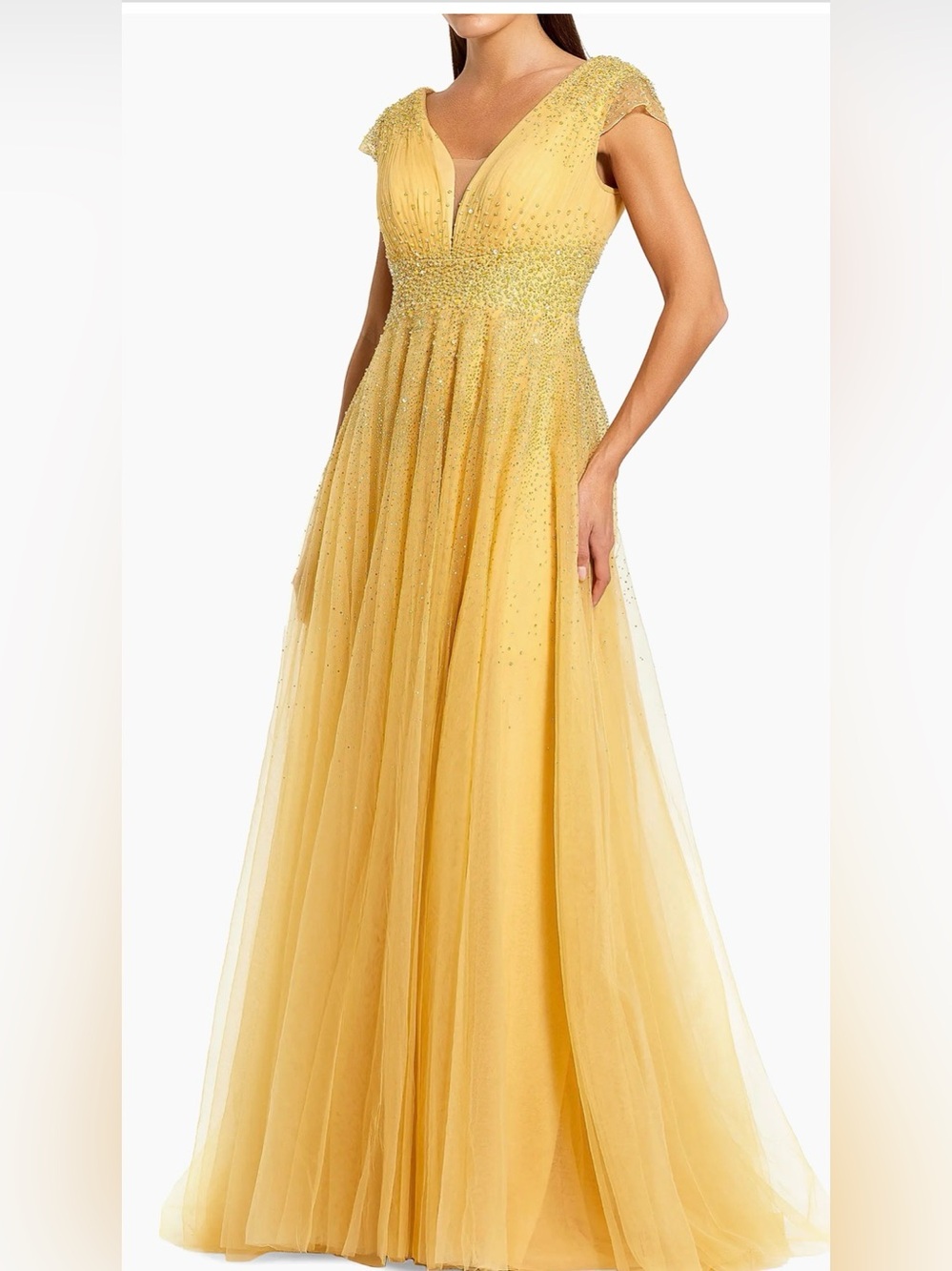 Embellished Tulle Cap-Sleeve A-Line Gown
